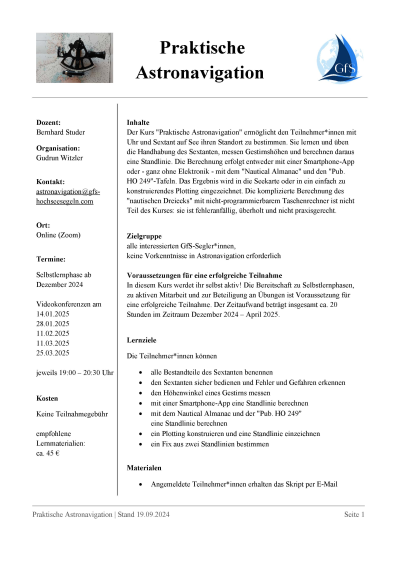 Kursbeschreibung Praktische Astronavigation